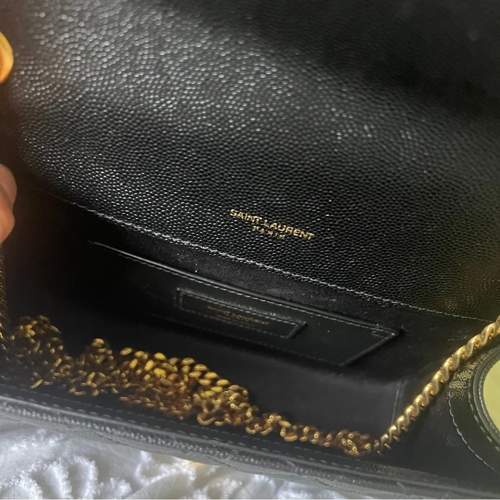 Like New Authentic YSL Envelope Tri-quilt gold on black Grain de Poudre leather